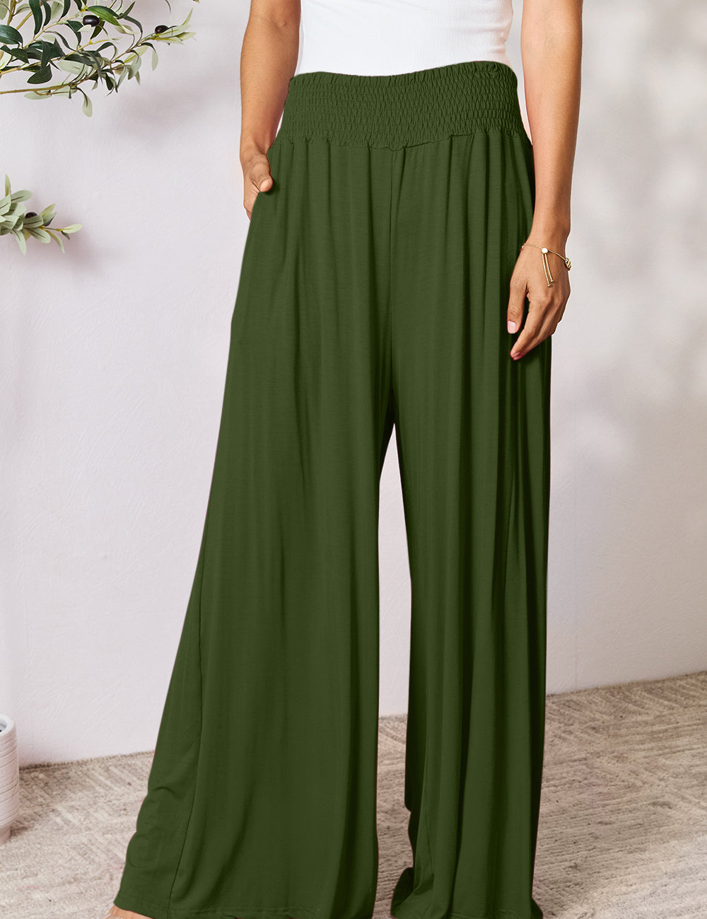 Double Take Full Size Smocked Wide Waistband Wide Leg Pants