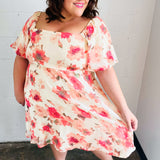 Peach Floral Chiffon Puff Sleeve Dress