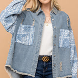 And The Why Full Size Paisley Print Quilted Sleeves Denim Jacket