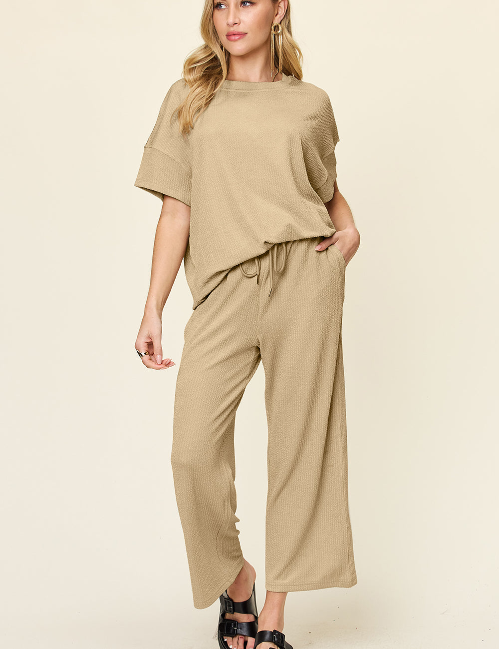 Double Take Full Size Texture Round Neck Short Sleeve T-Shirt and Wide Leg Pants