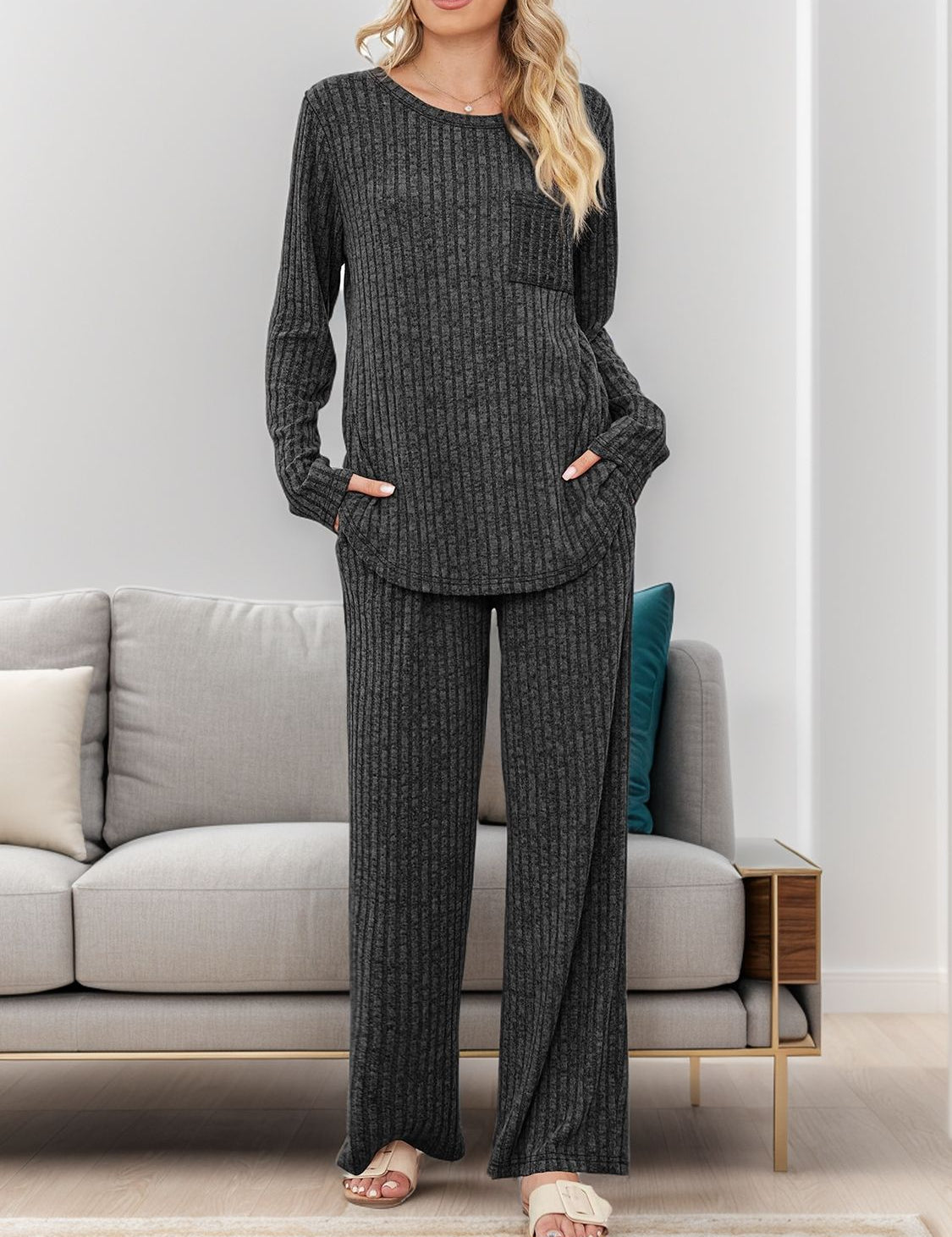 Round Neck Long Sleeve Top and Pants Set