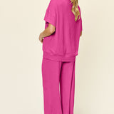 Double Take Full Size Texture Round Neck Short Sleeve T-Shirt and Wide Leg Pants