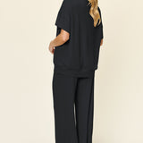 Double Take Full Size Texture Round Neck Short Sleeve T-Shirt and Wide Leg Pants