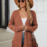 Pocketed Open Front Long Sleeve Cardigan