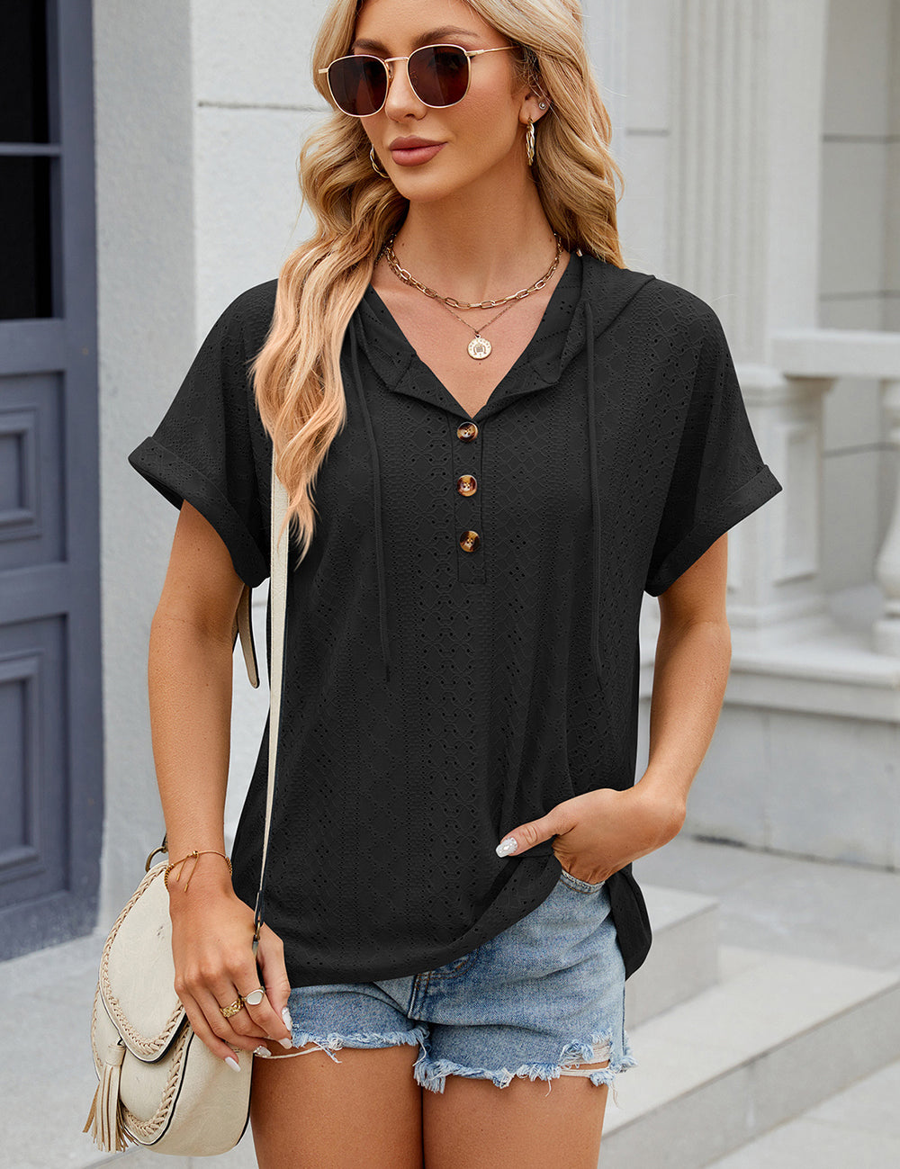 Eyelet Drawstring Hooded Short Sleeve Blouse