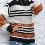 Contrast Striped Round Neck Long Sleeve Sweater