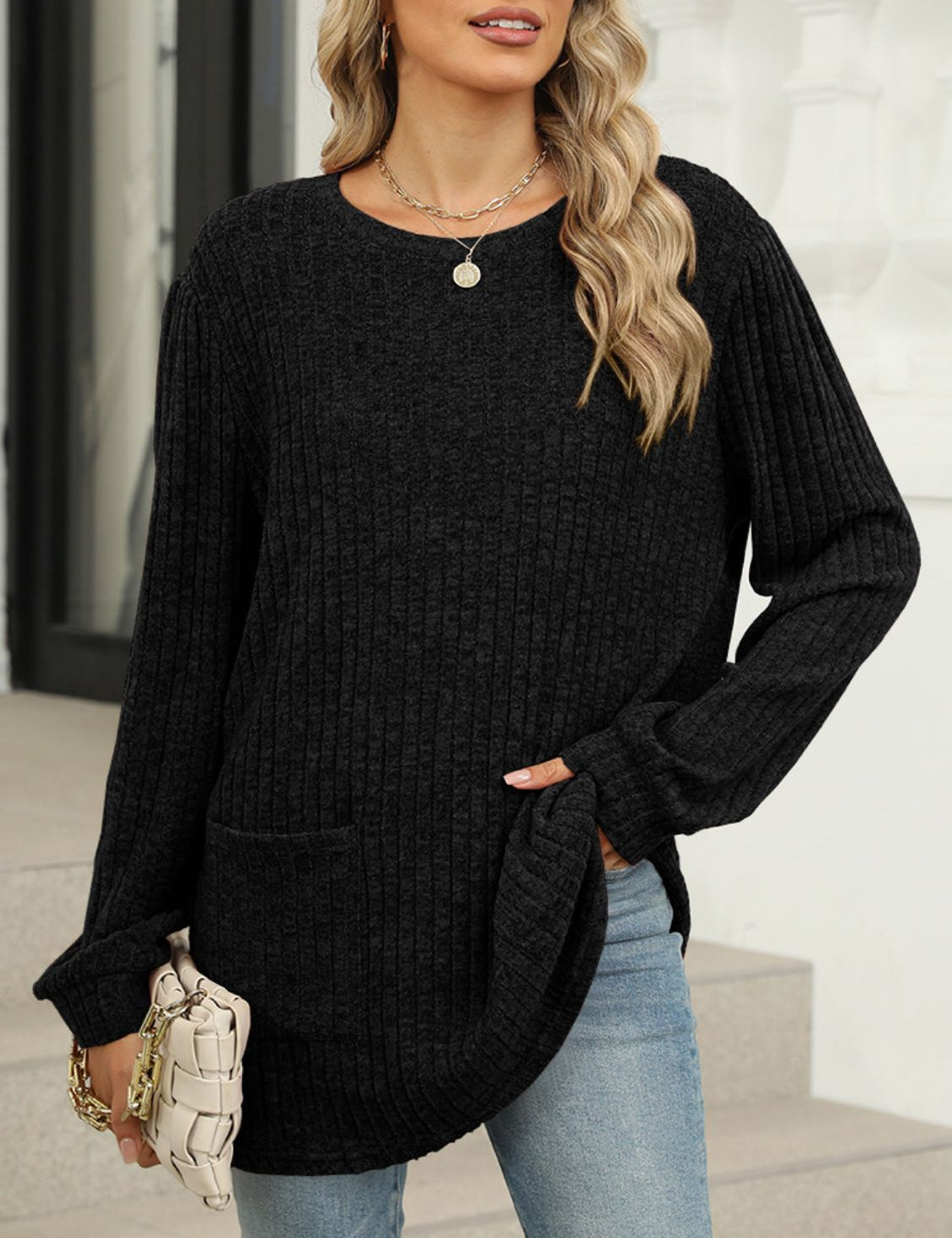 Pocketed Round Neck Long Sleeve T-Shirt