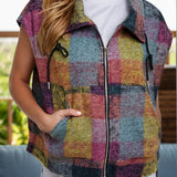 Plaid Zip Up Collared Neck Vest Coat