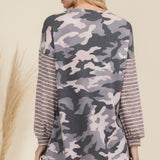 Celeste Full Size Camo Print High-Low T-Shirt with Stripe Sleeves