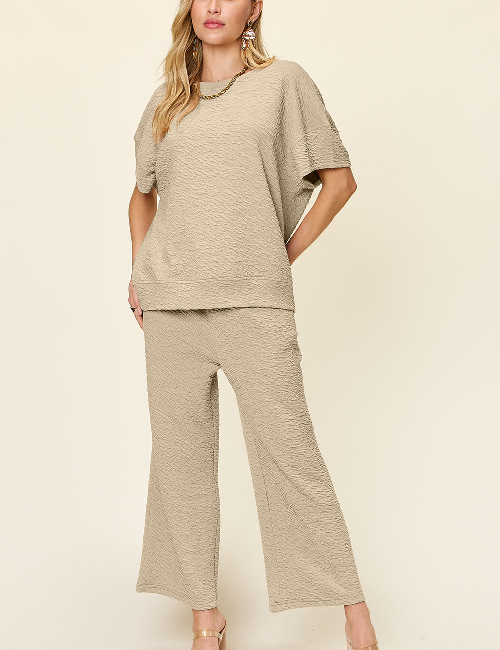 Double Take Full Size Texture Short Sleeve Top and Pants Set