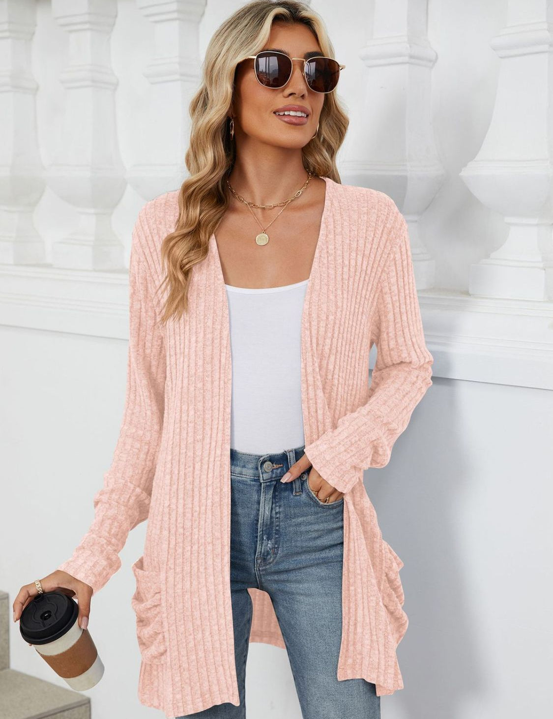 Pocketed Open Front Long Sleeve Cardigan