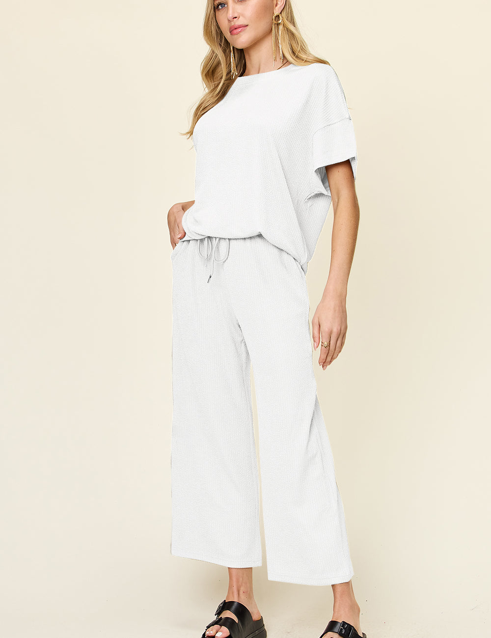 Double Take Full Size Texture Round Neck Short Sleeve T-Shirt and Wide Leg Pants