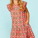 Haptics Full Size Ruffled Printed Dress with Side Pockets