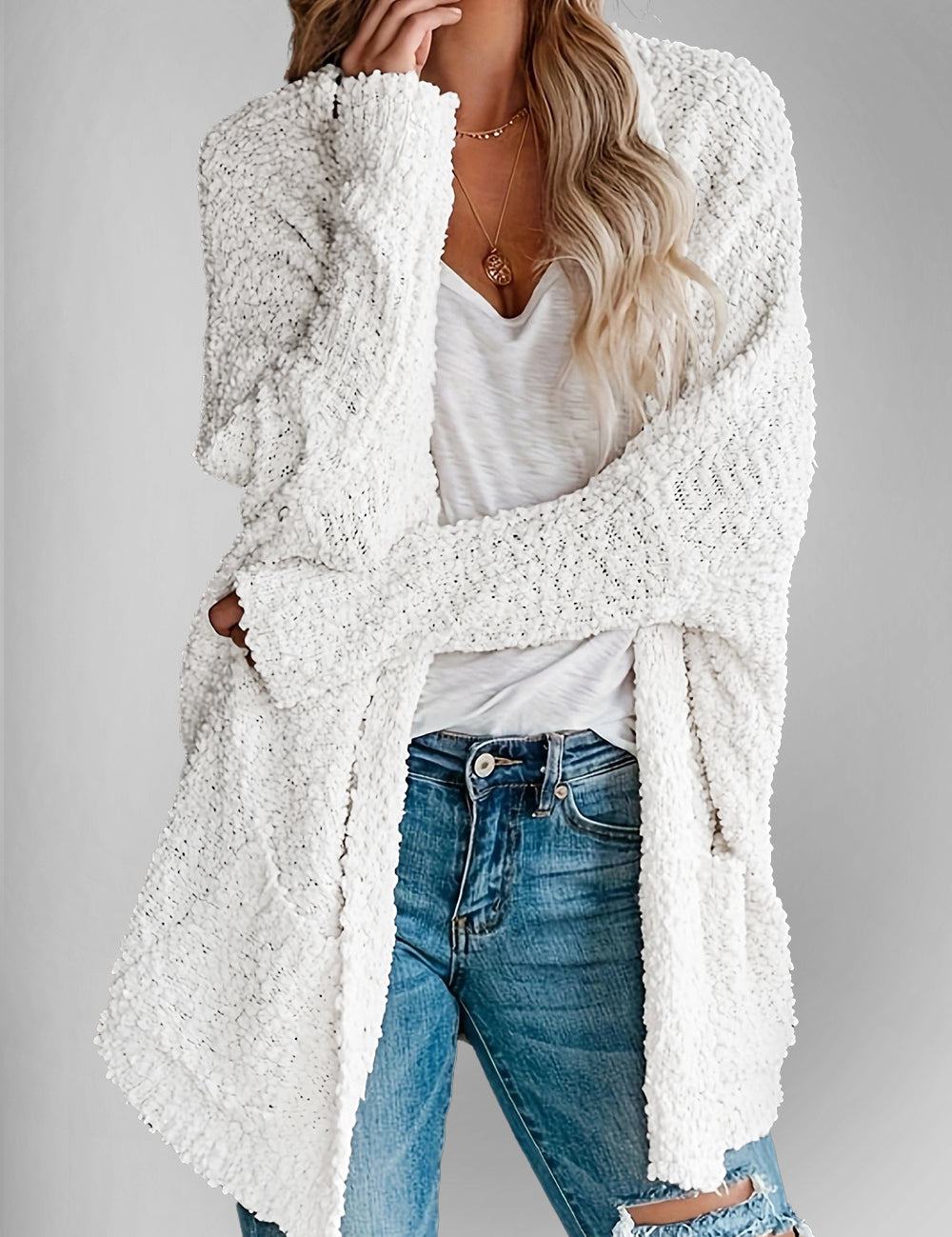 Double Take Pocketed Open Front Long Sleeve Cardigan