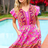 Find Romance Fuchsia Boho Floral Button V Neck Ruffle Dress