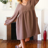 Beautiful You Mocha Woven Waffle V Neck Babydoll Dress