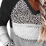 Full Size Openwork Leopard Drawstring Hooded Sweater