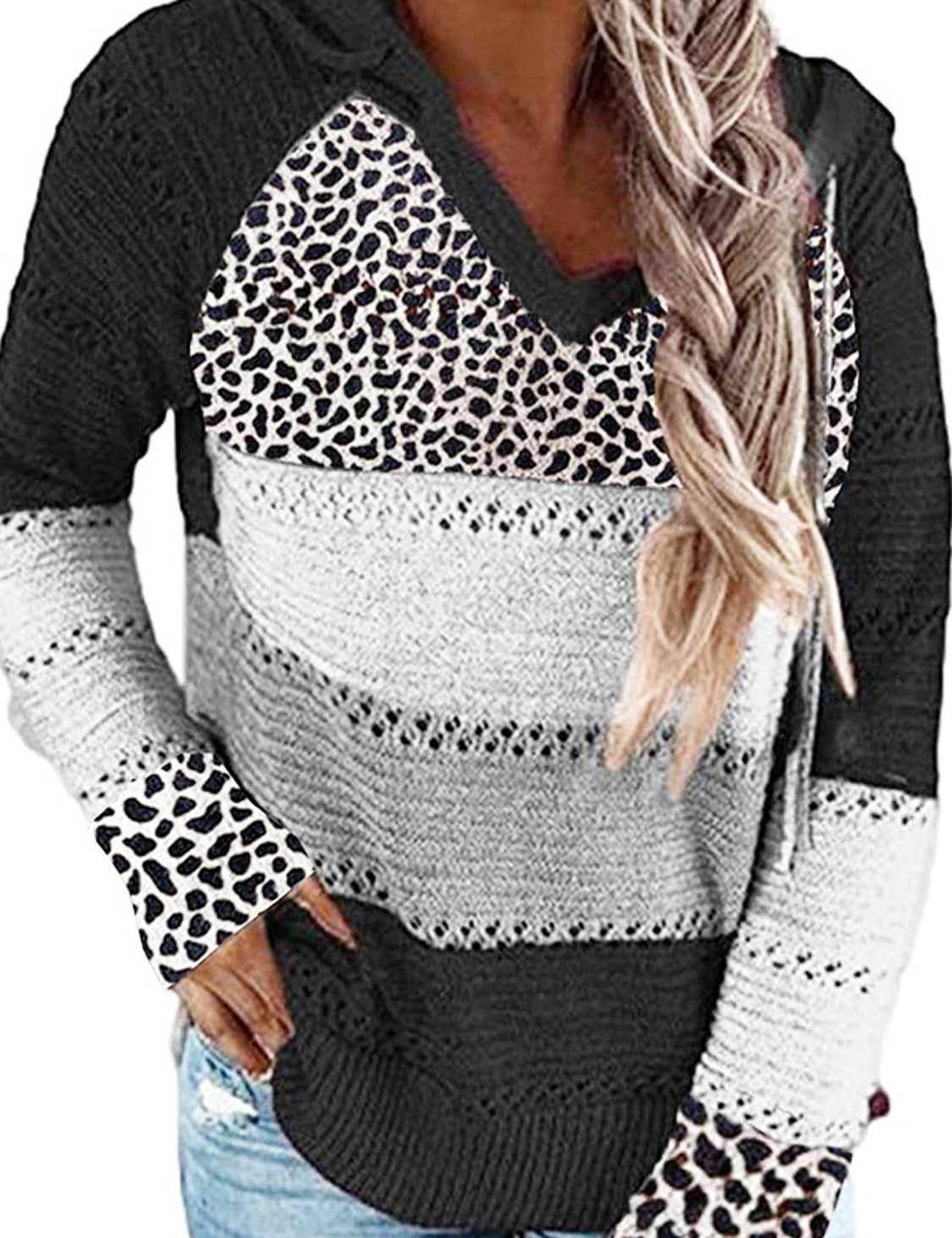 Full Size Openwork Leopard Drawstring Hooded Sweater