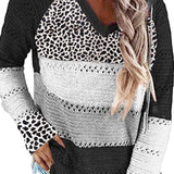 Full Size Openwork Leopard Drawstring Hooded Sweater