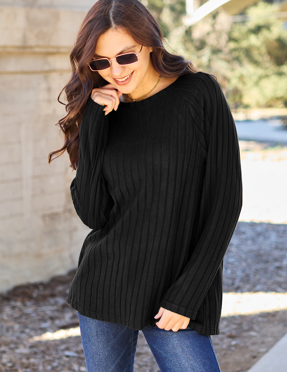 Basic Bae Full Size Ribbed Round Neck Long Sleeve Knit Top