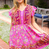 Find Romance Fuchsia Boho Floral Button V Neck Ruffle Dress