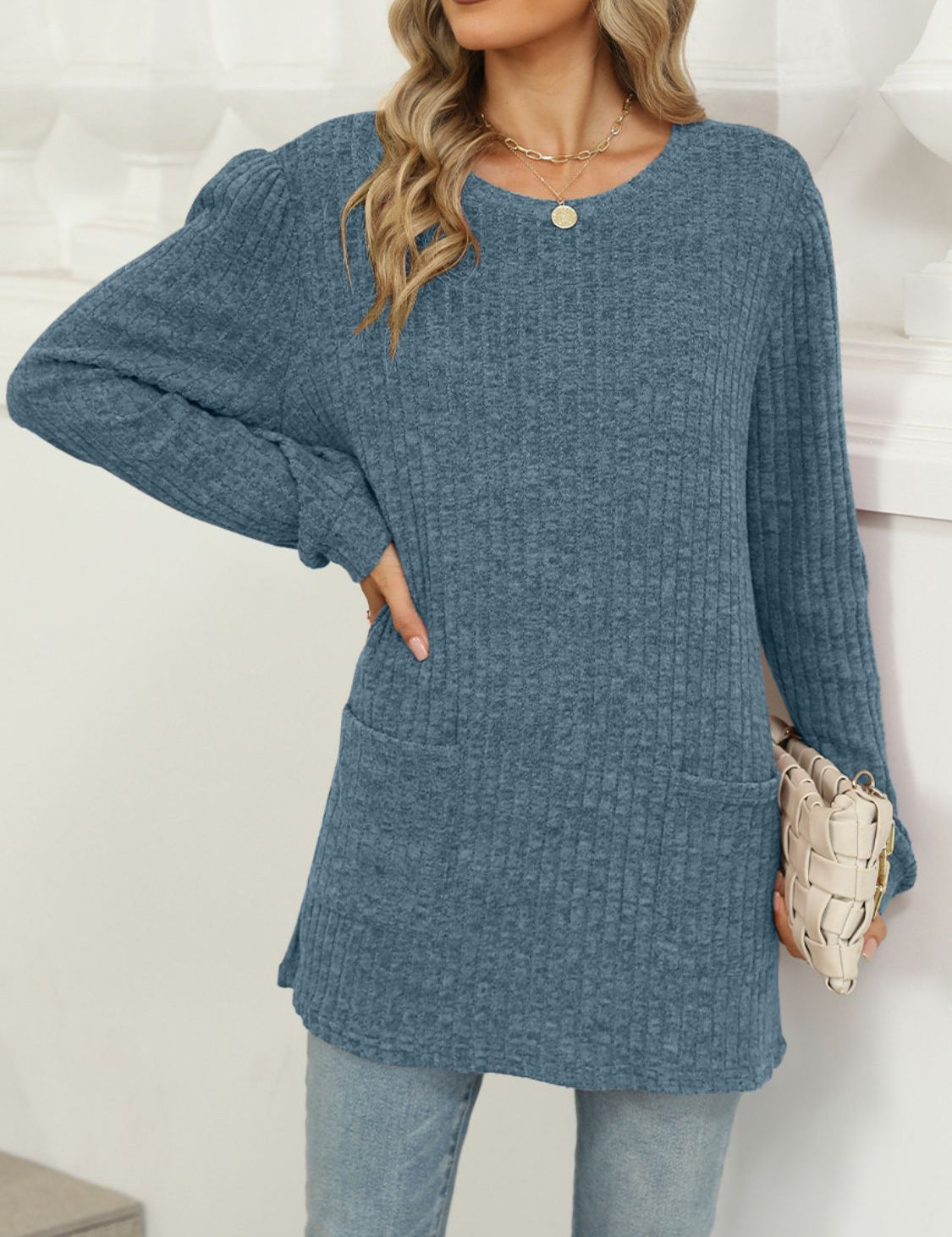 Pocketed Round Neck Long Sleeve T-Shirt