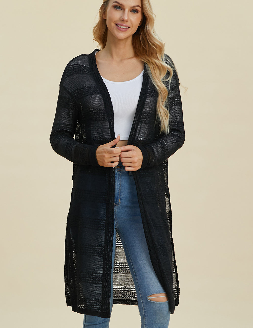 Double Take Full Size Open Front Longline Cardigan