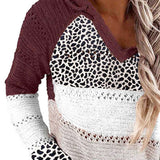 Full Size Openwork Leopard Drawstring Hooded Sweater