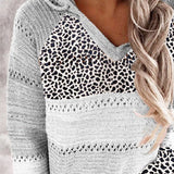 Full Size Openwork Leopard Drawstring Hooded Sweater