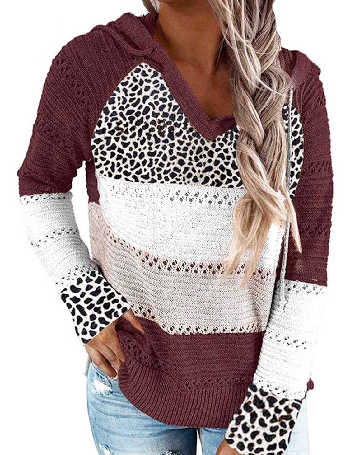 Full Size Openwork Leopard Drawstring Hooded Sweater