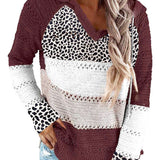 Full Size Openwork Leopard Drawstring Hooded Sweater