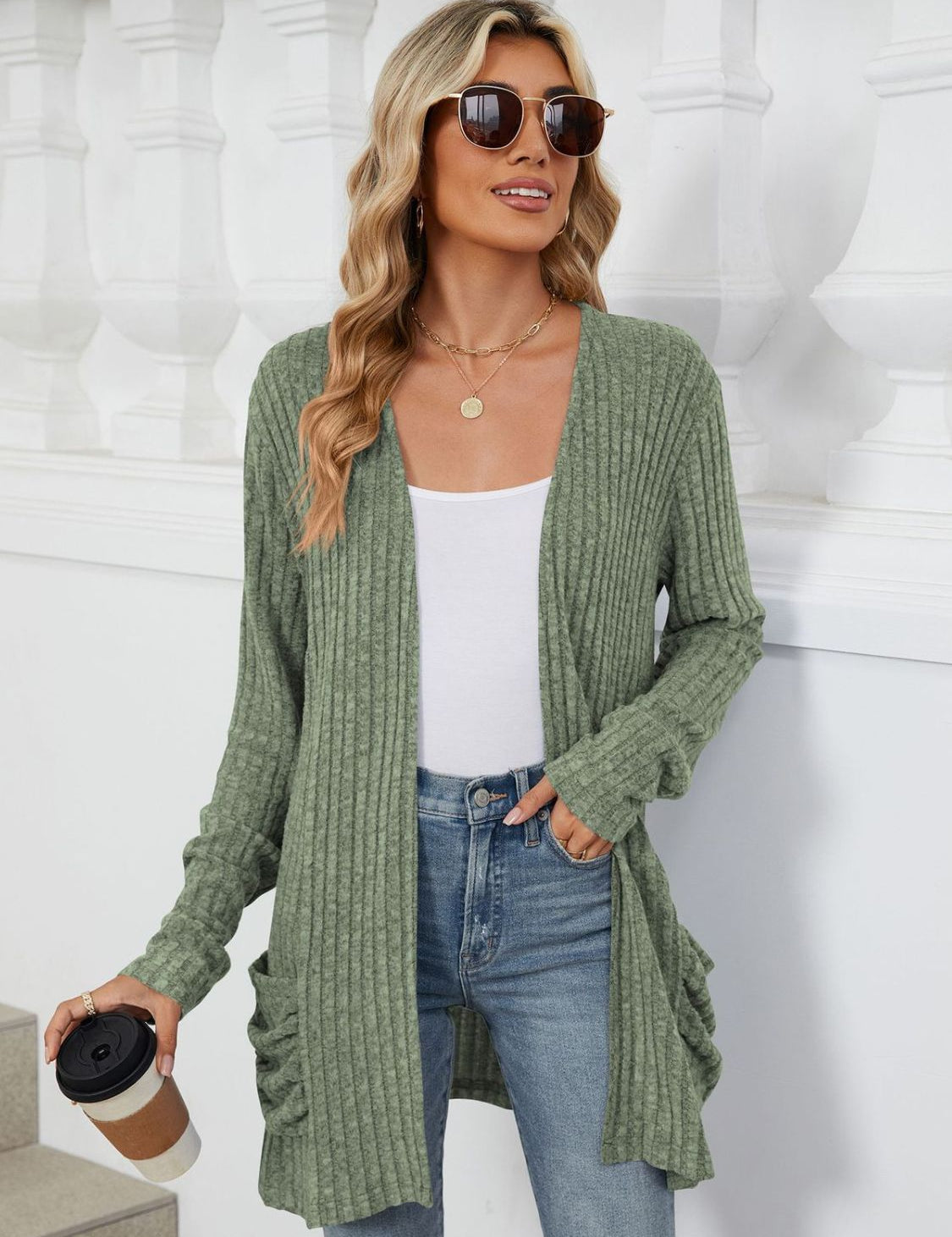 Pocketed Open Front Long Sleeve Cardigan