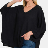 Zenana Full Size Waffle Knit V-Neck Long Sleeve Slit Top