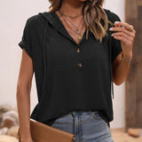 Half Button Hooded Short Sleeve Blouse