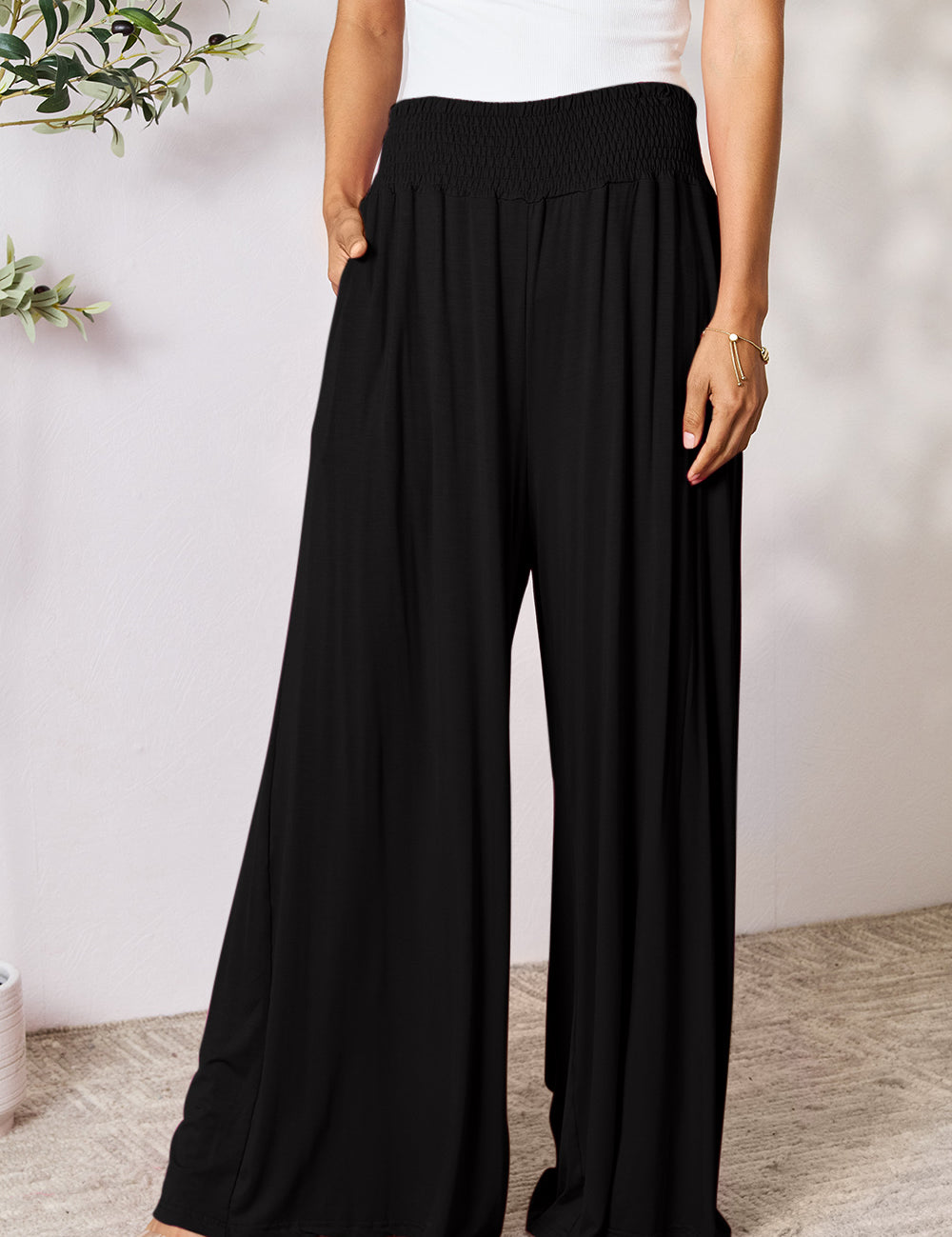 Double Take Full Size Smocked Wide Waistband Wide Leg Pants