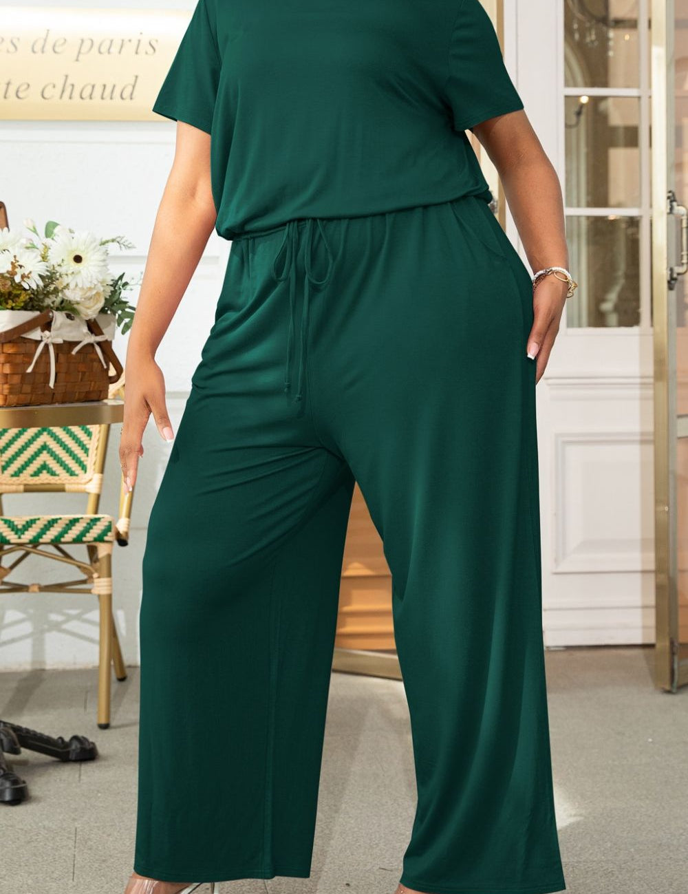 Plus Size Drawstring Waist Short Sleeve Jumpsuit