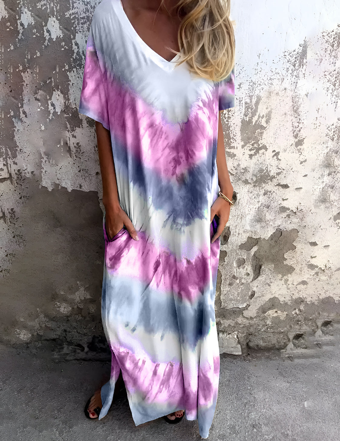 Full Size Pocketed Tie-Dye Short Sleeve Dress