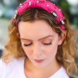 Fuchsia Stone & Gem Football Embellished Top Knot Headband