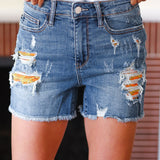 Judy Blue High Rise Floral Lined Pockets Distressed Denim Shorts