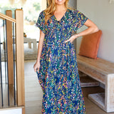 Just Feels Right Navy Blue Floral V Neck Dolman Maxi Dress