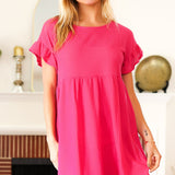 Summer Days Fuchsia Waffle Knit Ruffle Sleeve Babydoll Dress