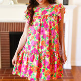 Be Charming Lime & Pink Floral Print Tiered Ruffle Sleeve Dress