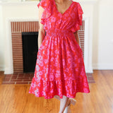 Remember Me Red & Pink Floral Print Smocked Waist Midi Dress