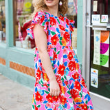 Love Found Pink Floral Smocked Ruffle Sleeve Tiered Dress