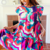 Go For Fun Fuchsia Geo Print Tiered Ruffle Sleeve Woven Dress