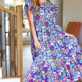 Just A Dream Navy Floral Smocked Ruffle Sleeve Maxi Dress