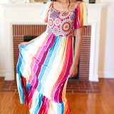 Feeling Bold Fuchsia & Teal Striped Medallion Crochet Print Dress