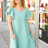 Out For The Day Sage Crinkle Woven Ruffle Sleeve Dress