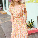 Lovely In Peach Floral Print Elastic Waist Ruffle Midi Dress