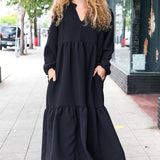 Lock Eyes Black Notched Neck Frill Hem Tiered Maxi Dress